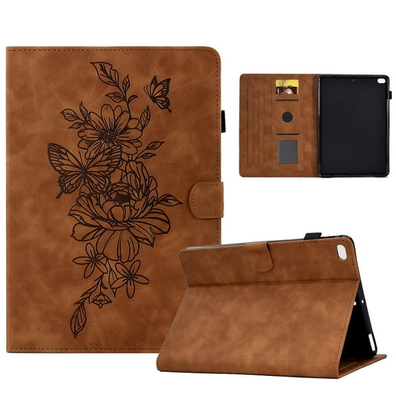 Dteck Case for iPad 5th/6th Generation (9.7-inch, 2017/2018), iPad Air/Air 2/iPad Pro 9.7 Magnetic Leather Flower Pattern Card Slots Smart Case Shockproof Rubber Kickstand Cover, Brown