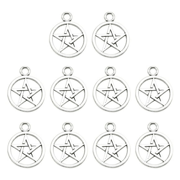 EeaseMX 10 colgantes de aleación con forma de estrella de cinco puntas, redondos y huecos, con forma de pentagrama, para hacer joyas, accesorios para collares y pulseras (plata antigua).