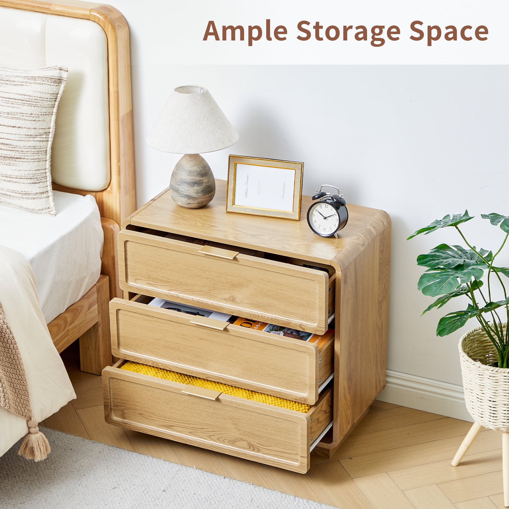 Set of 2 Mid-Century Modern 3-Drawer Dresser & Nightstand, Wood Storage Cabinet for Bedroom, Living Room or Entryway, Farmhouse Bedside Table, Oak