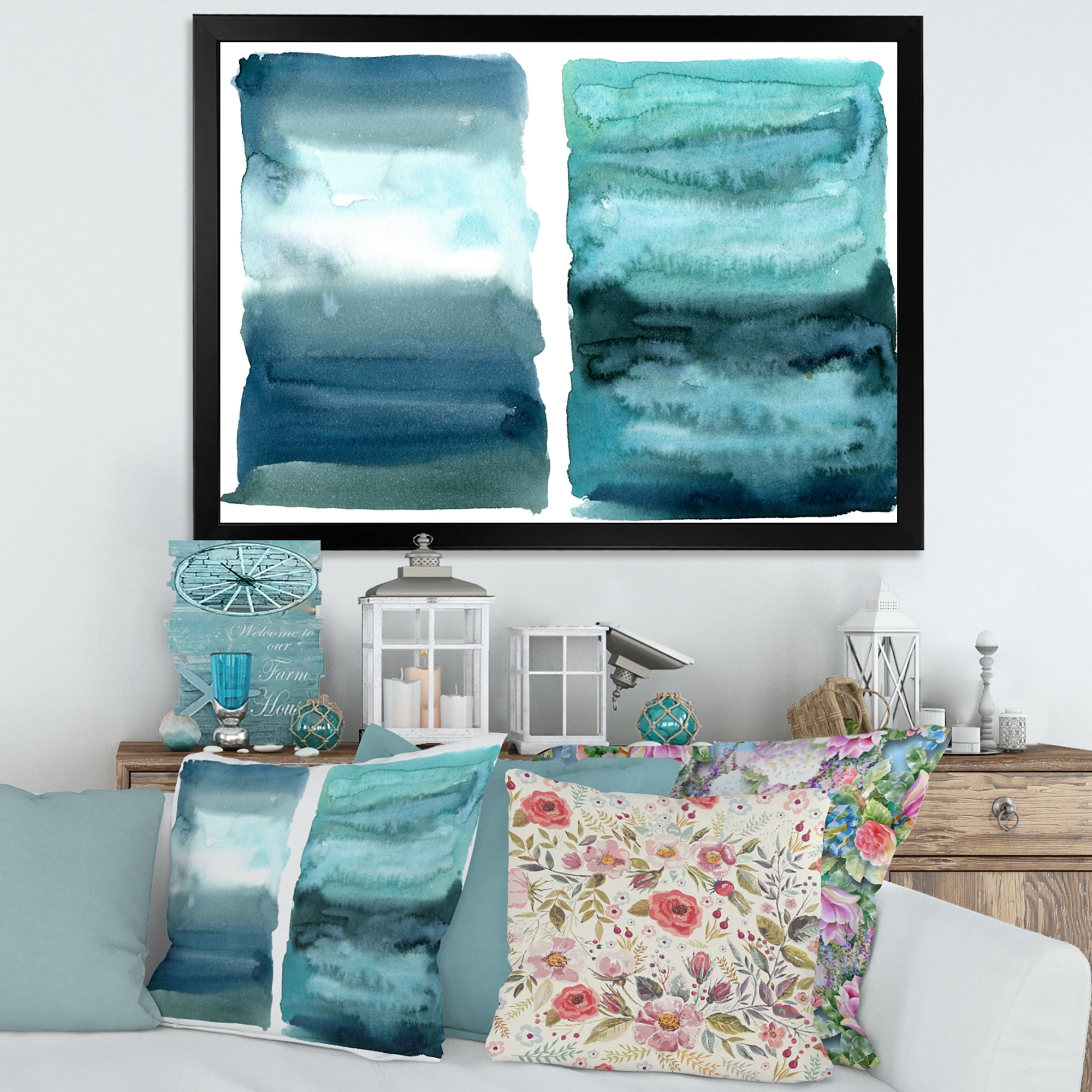 Designart 'Abstract Blue Ocean Aquatic Impression II' Modern Framed Art Print