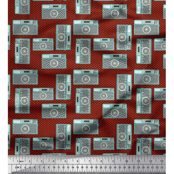 Soimoi Red Cotton Voile Fabric Camera & Dots Print Sewing Fabric Yard 42 Inch Wide