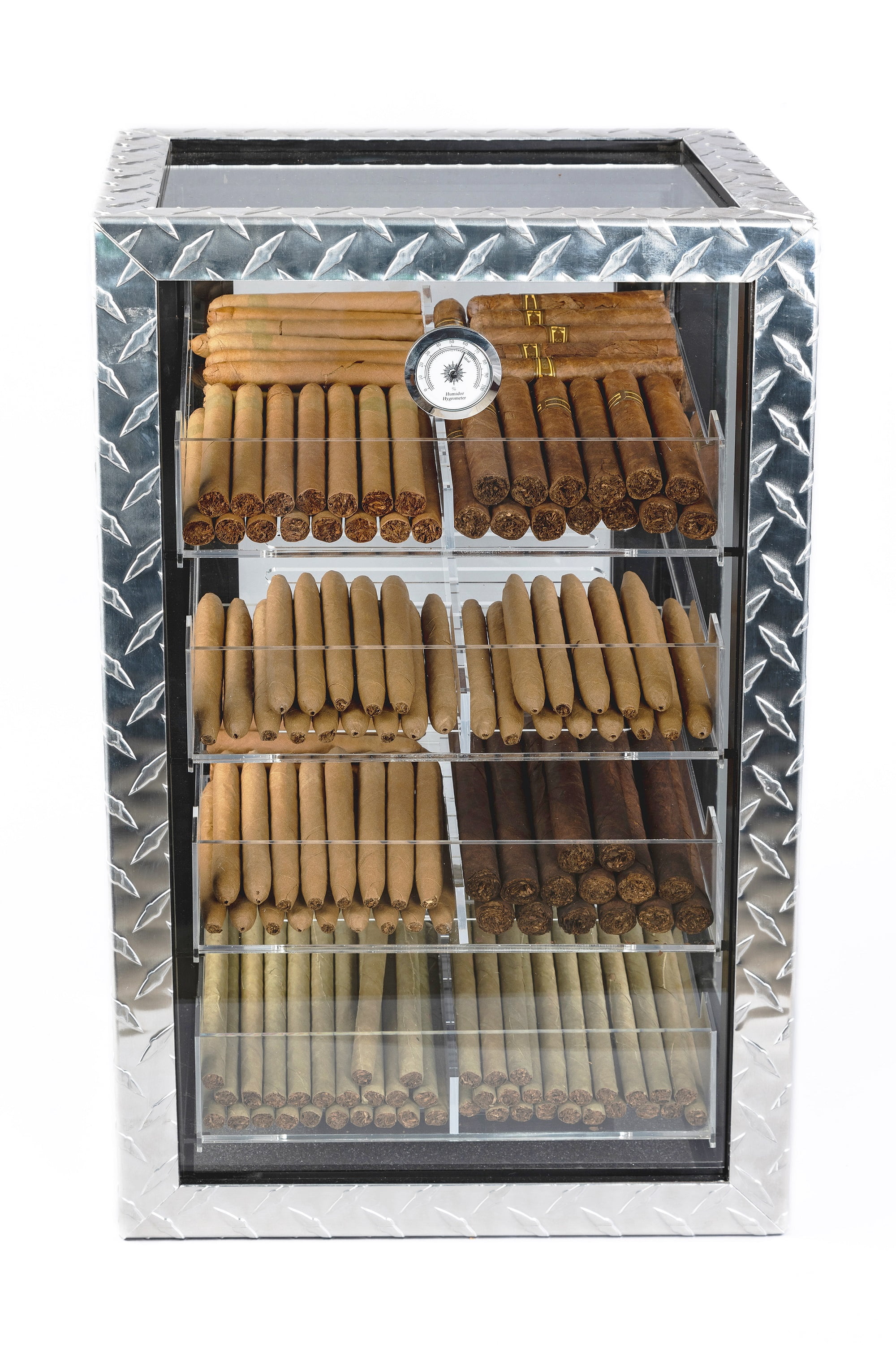 Prestige Import Group - The Diamond Plate & Glass Sides Countertop Display Humidor - Capacity: 250 - Color: Polished Metal & Glass