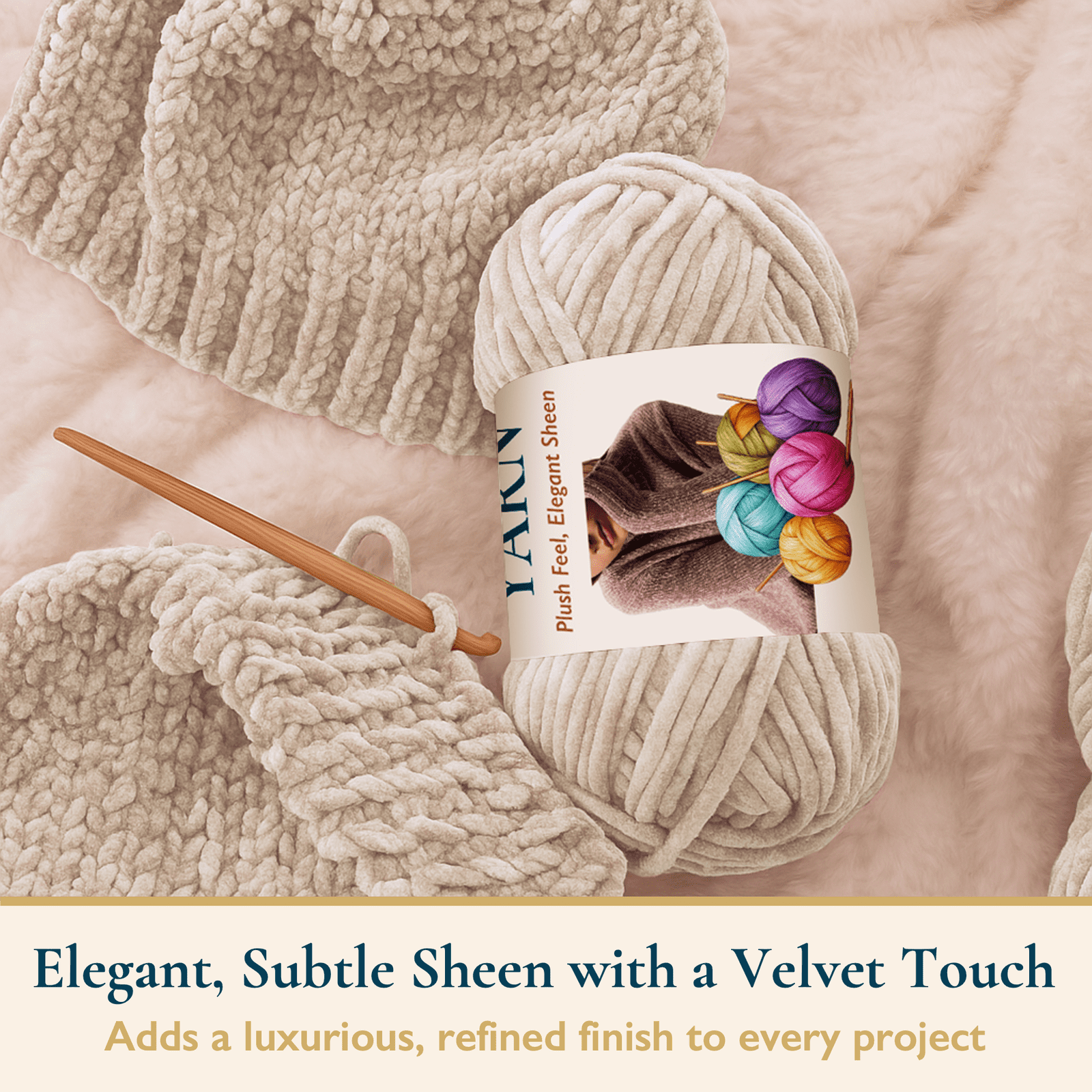 ComfiTime 6-Pack Velvet Yarn – Bulky #5, 3.5 oz / 87.5 Yds per Skein, OEKO-TEX Certified, Soft Fluffy for Sweaters, Blankets, Scarves, Home Décor, Crochet/Knitting/Amigurumi, Machine Washable, Beige