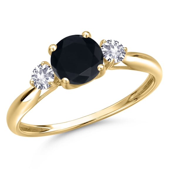 Gem Stone King 10K Yellow Gold Black Onyx and White Created Sapphire 3-Stone Ring for Women | 1.06 Cttw | Round 6MM | Gemstone December Birthstone | Size 7