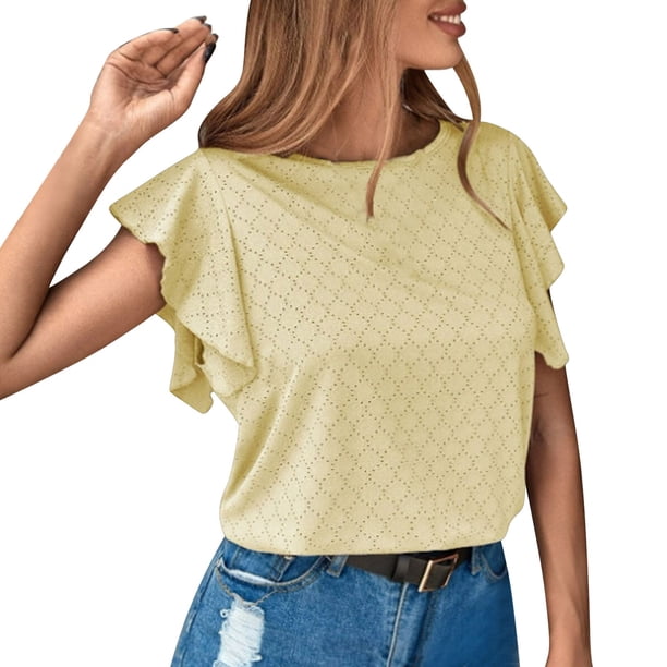 Gibobby Playera de Manga Corta con Cuello Redondo Nueva camiseta informal manga corta con manga hueca europea y americana para mujer(Amarillo,CH)