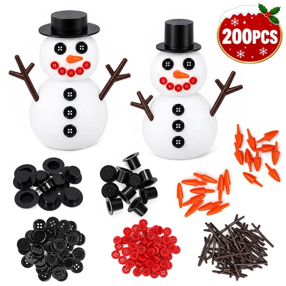 Christmas Snowman DIY Craft Kit with Mini Carrot Noses Buttons Magician Hats Trigeminal Hand Accessories for Christmas Party Supplies 200PCS Set 1