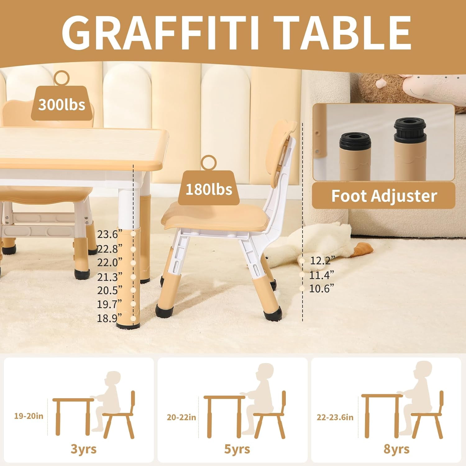 ZJTER Toddler Table and 2 Chairs, Height-Adjustable Kids Table and Chairs Set, 31.5''L x 23.6''W Children Activity Table for Boys and Girls Aged 3-8