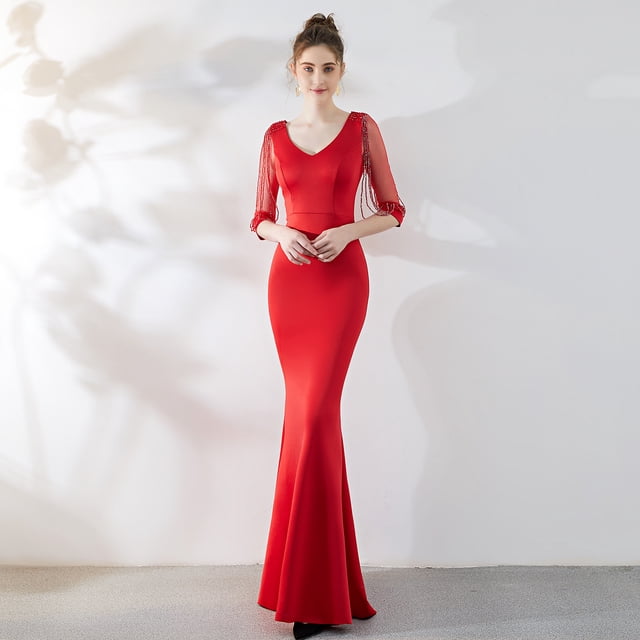 Vestido de moda para banquete, rojo, sexy, ajustado, con cola de pez, vestido de noche para boda para mujer