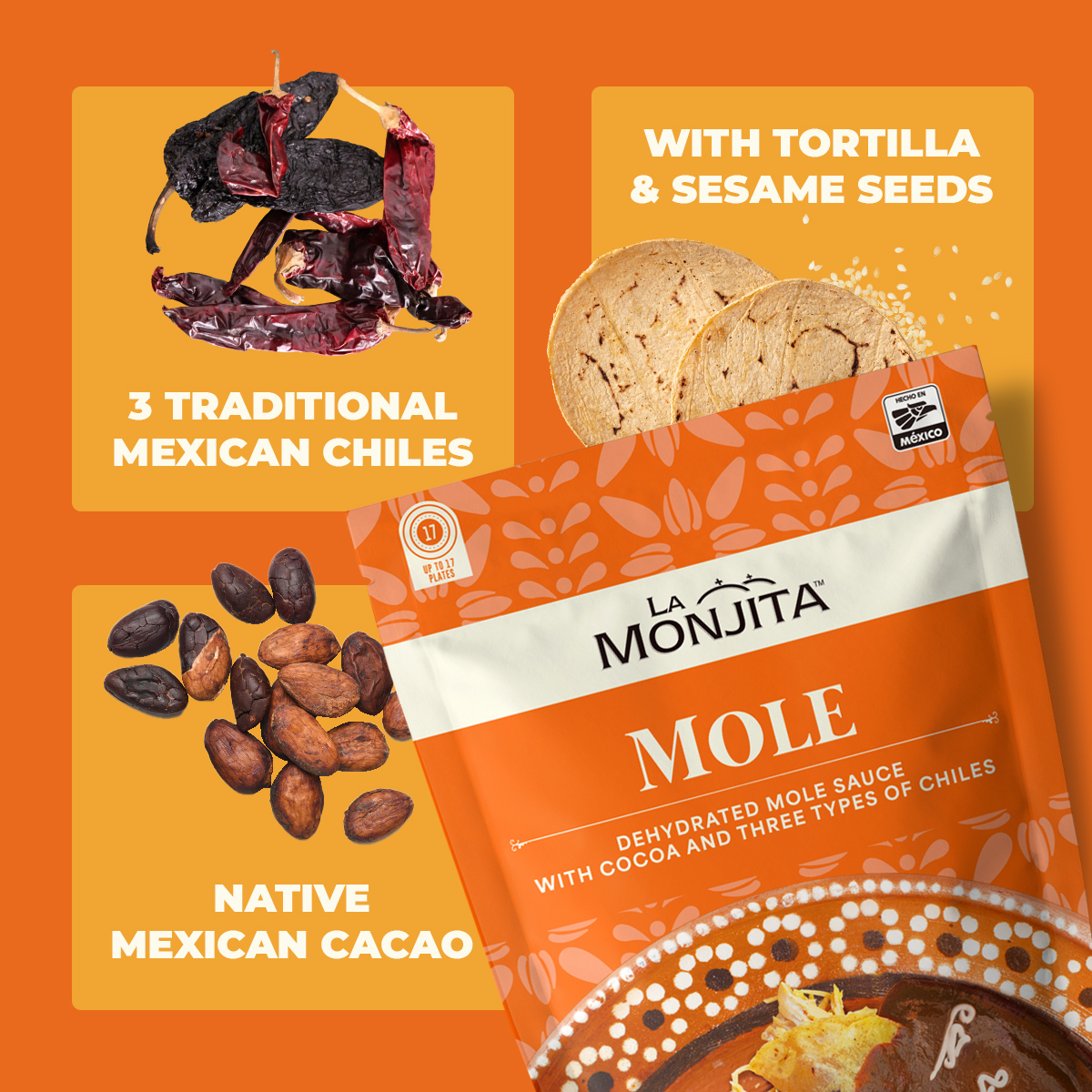La Monjita Traditional Mexican Mole Sauce Powder Mix – Classic Dry Sauce Blend with Chiles, Cacao, Tortilla & Sesame Seeds (500g / 17.6oz Pouch, 17 Servings)