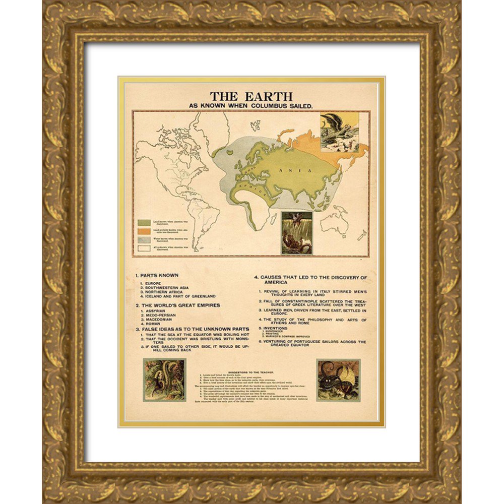 Vintage Maps 14x18 Gold Ornate Wood Framed with Double Matting Museum Art Print Titled - Delineation of the known world by the Eastern Hemisphere