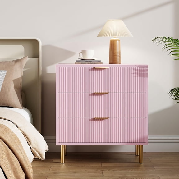 Pink Dresser, Modern 3 Drawer Dresser for Bedroom with Gold Handle and Large Drawer, Wood Double Chest of Drawers and Storage Organizer for Living Room, Hallway, Entryway