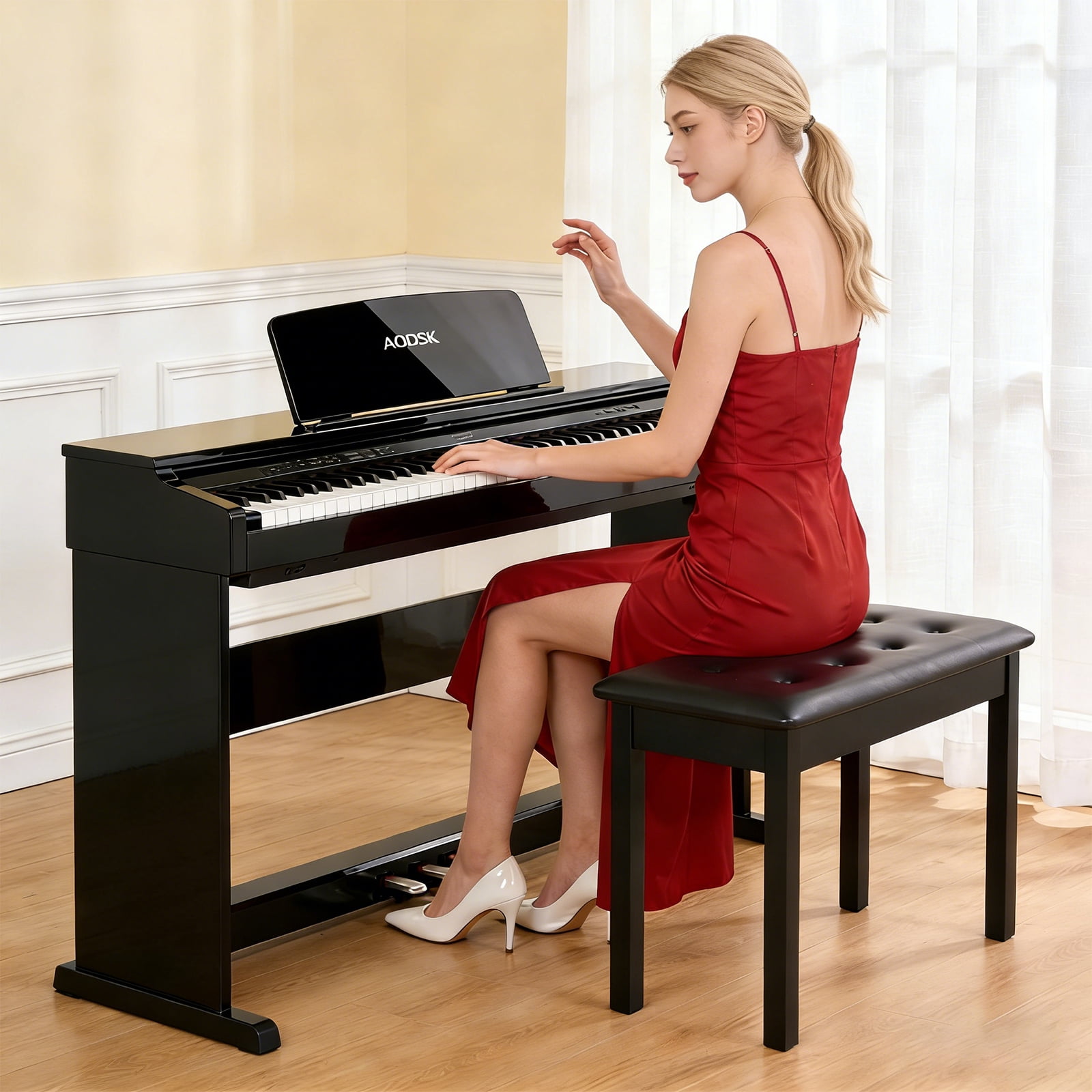 stusgo Piano Bench with Storage, Solid Wood Keyboard Bench Piano Bookcase Stool Chair Seat, Black