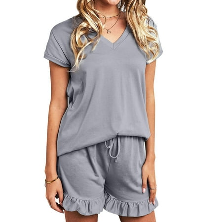 STARVNC Women 2 Pieces Short Sleeve Solid Color Pajamas Set