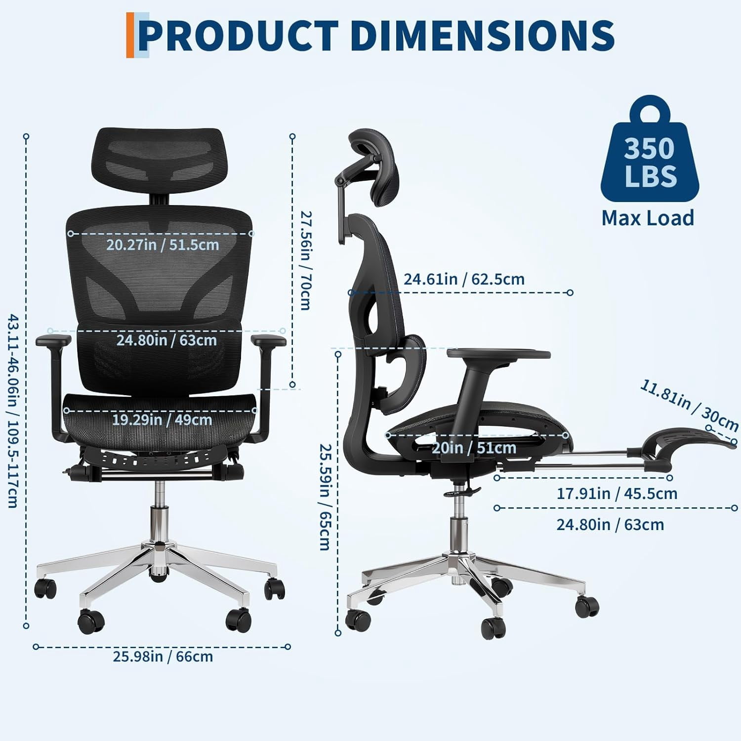 Ergonomic Mesh Office Chair with Footrest, Adjustable Armrests, Dynamic Lumbar Support, Recline & Tilt Function, High Back Design, Rolling Caster Computer Chair for Home Office, Black