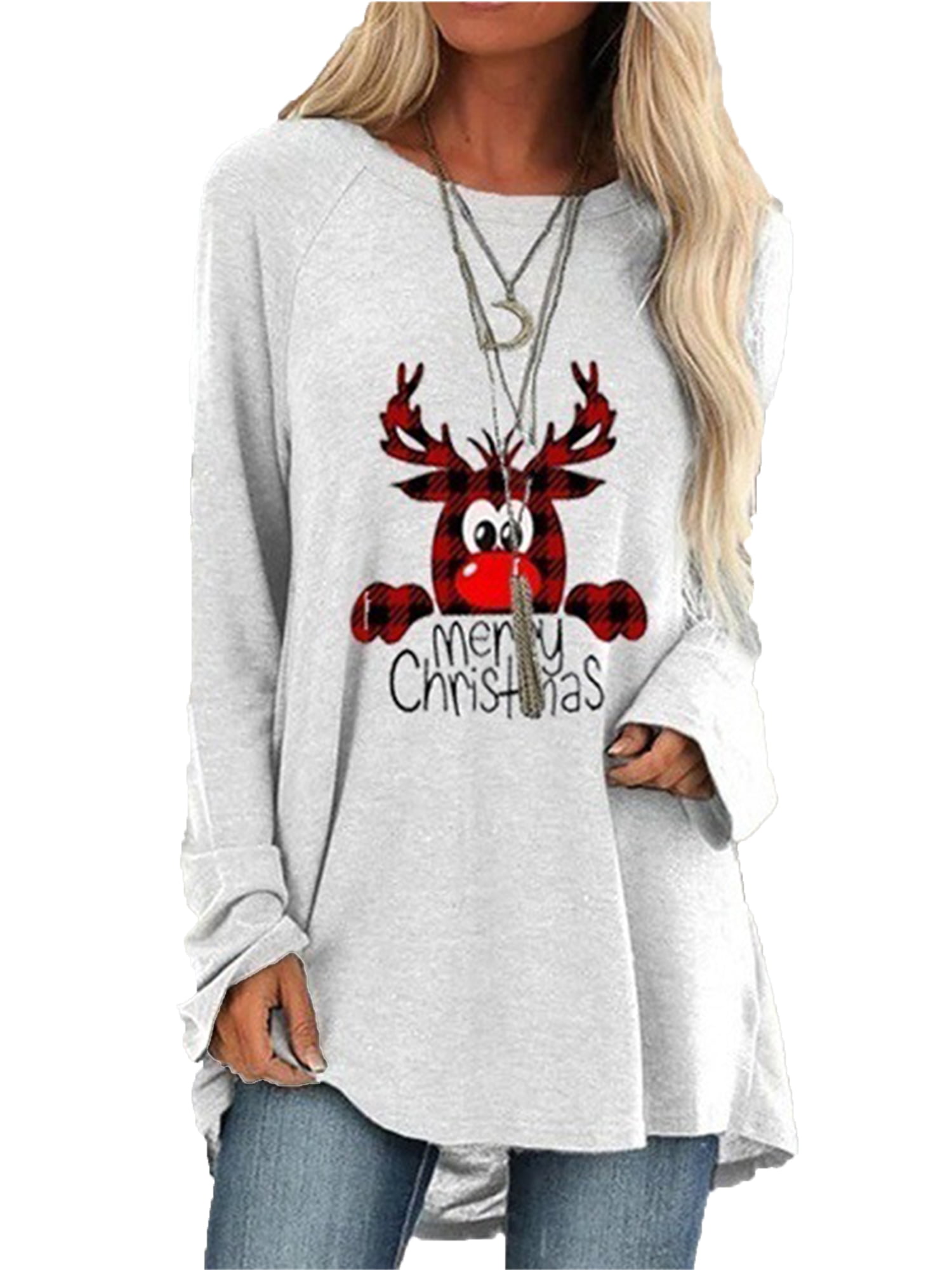 Graphic Tees for Women Vintage Plus Size Christmas Long Sleeve T-Shirts Round Neck Splicing Plaid Sweatshirt