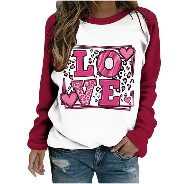 VALMASS Sweatshirts à Manches Raglan pour la Saint-Valentin Grande Taille Imprimé Cœur Hauts Confortables Tunique Décontractée Col Rond (4TG, C Rouge)