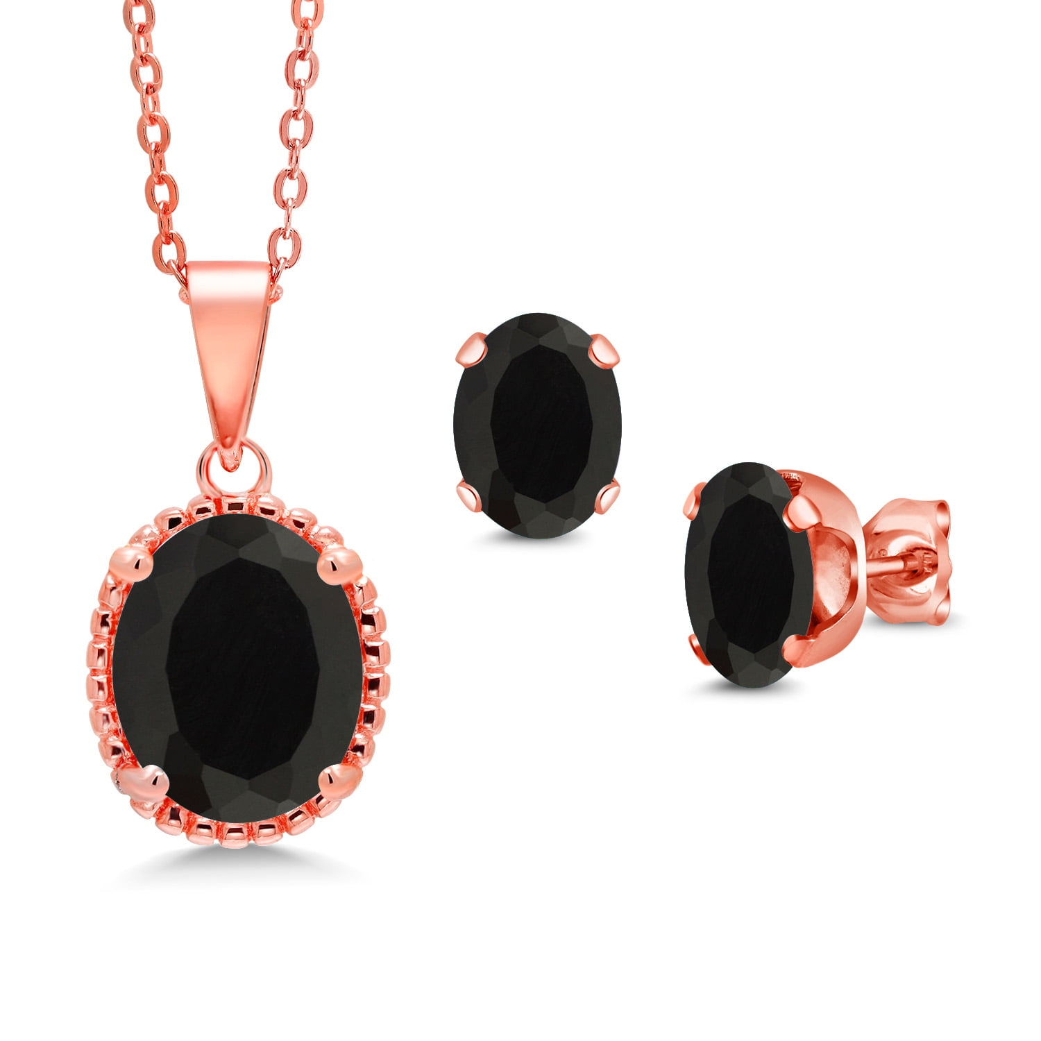 Gem Stone King 6.20 Ct Black Onyx 18K Rose Gold Plated Silver Pendant and Earrings Jewelry Set