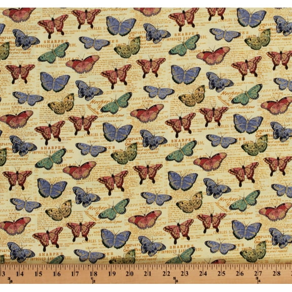 Cotton Butterflies Butterfly Gold Metallic Shimmer Insects Bugs on Yellow Newsprint Bookshelf Botanical Cotton Fabric Print by the Yard (43385M-3)