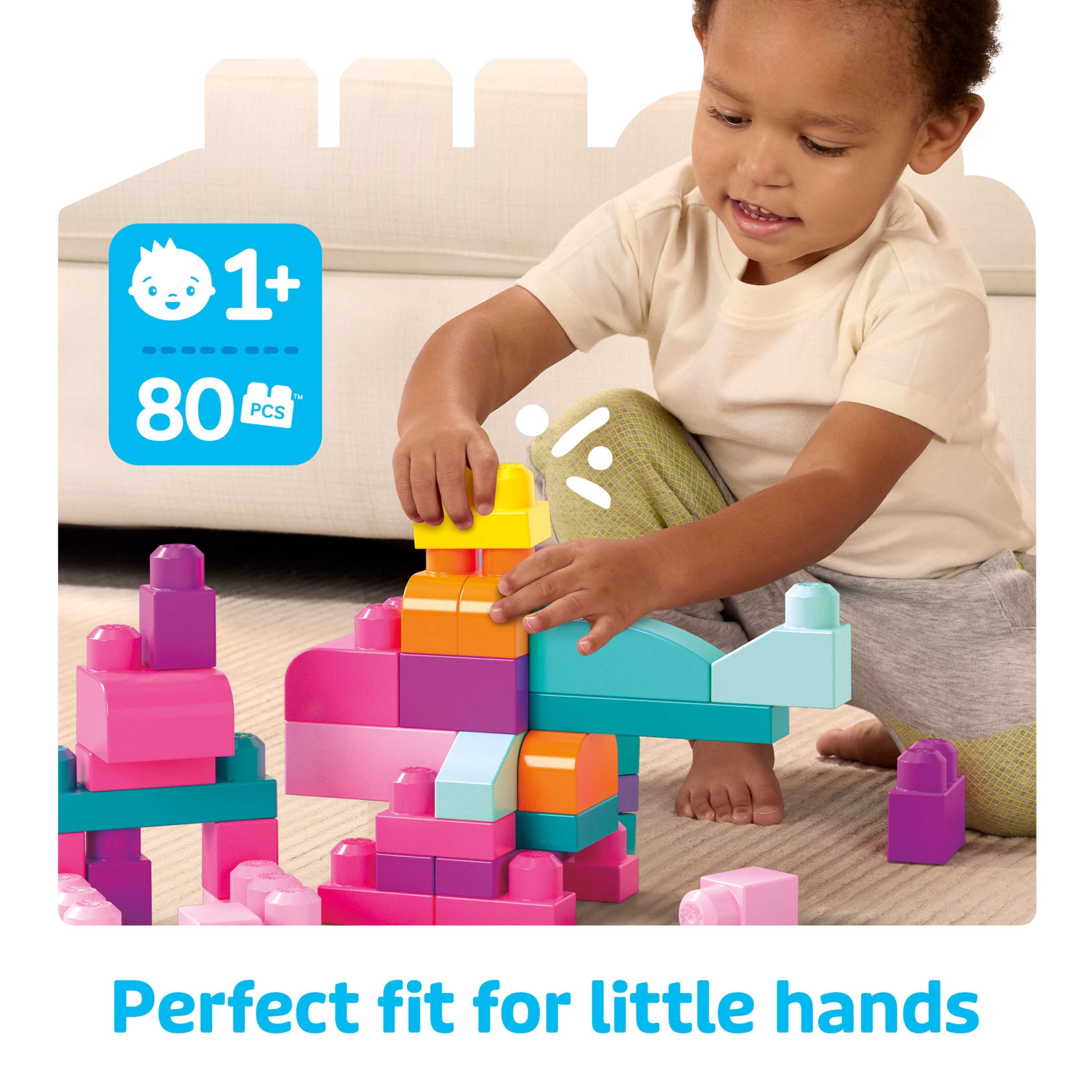 MEGA BLOKS Fisher-Price Toy Blocks Big Building Bag with Storage (80 Pieces) for Toddler, Pink