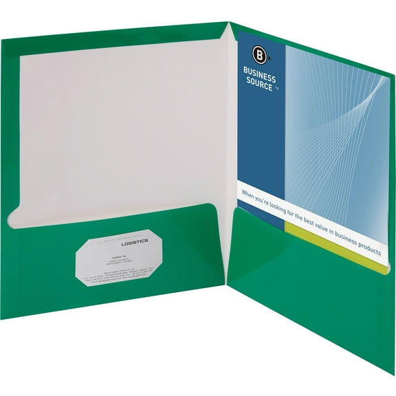 Business Source Letter Pocket Folder - 8 1/2" x 11" - 100 Sheet Capacity - 2 Internal Pocket(s) - Card Paper - Green - 25 / Box | Bundle of 5