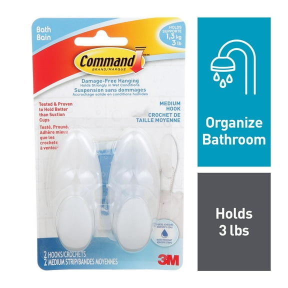 Command™ Bath Hooks BATH18-EF, Medium, Frosted, 3 lb (1.4 kg), 2 Hooks, 2 Water-Resistant Strips