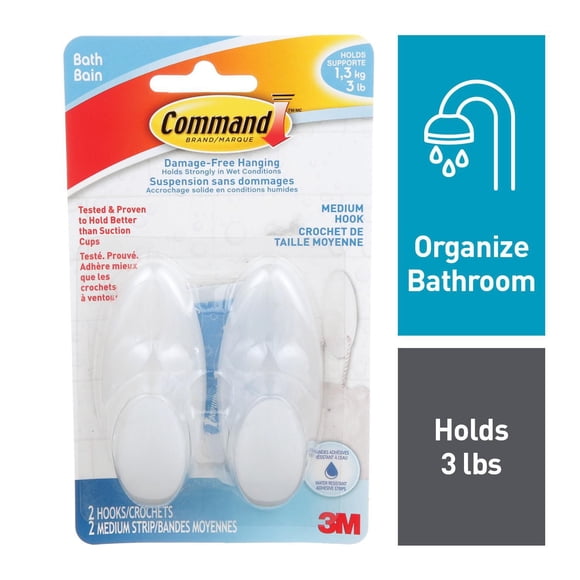 Command™ Bath Hooks BATH18-EF, Medium, Frosted, 3 lb (1.4 kg), 2 Hooks, 2 Water-Resistant Strips