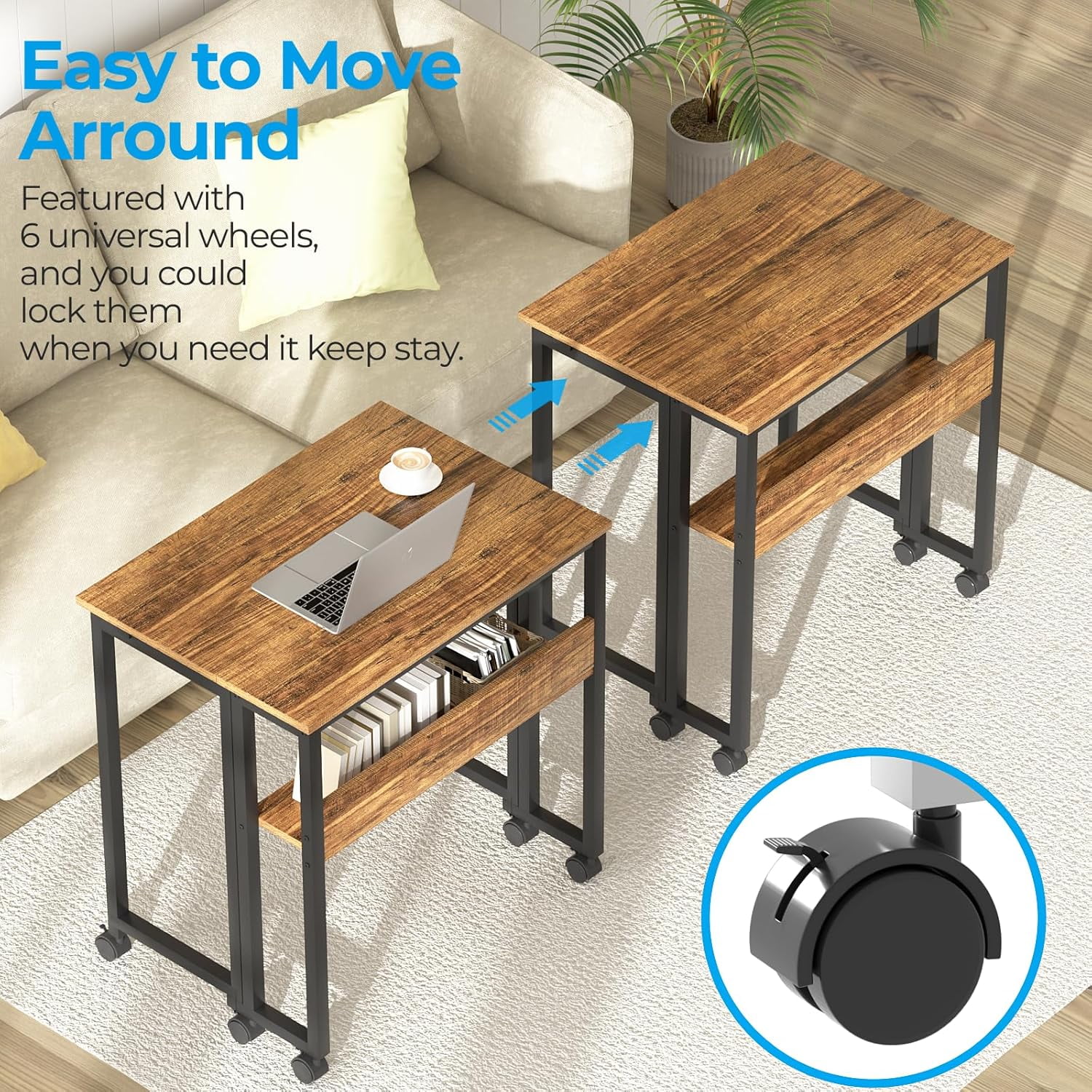 Folding Desk Small Rolling Desk with Storage Shelf, 24.8 inch Foldable Computer Desk with Wheels for Small Space, Easy Assembly,Walnut