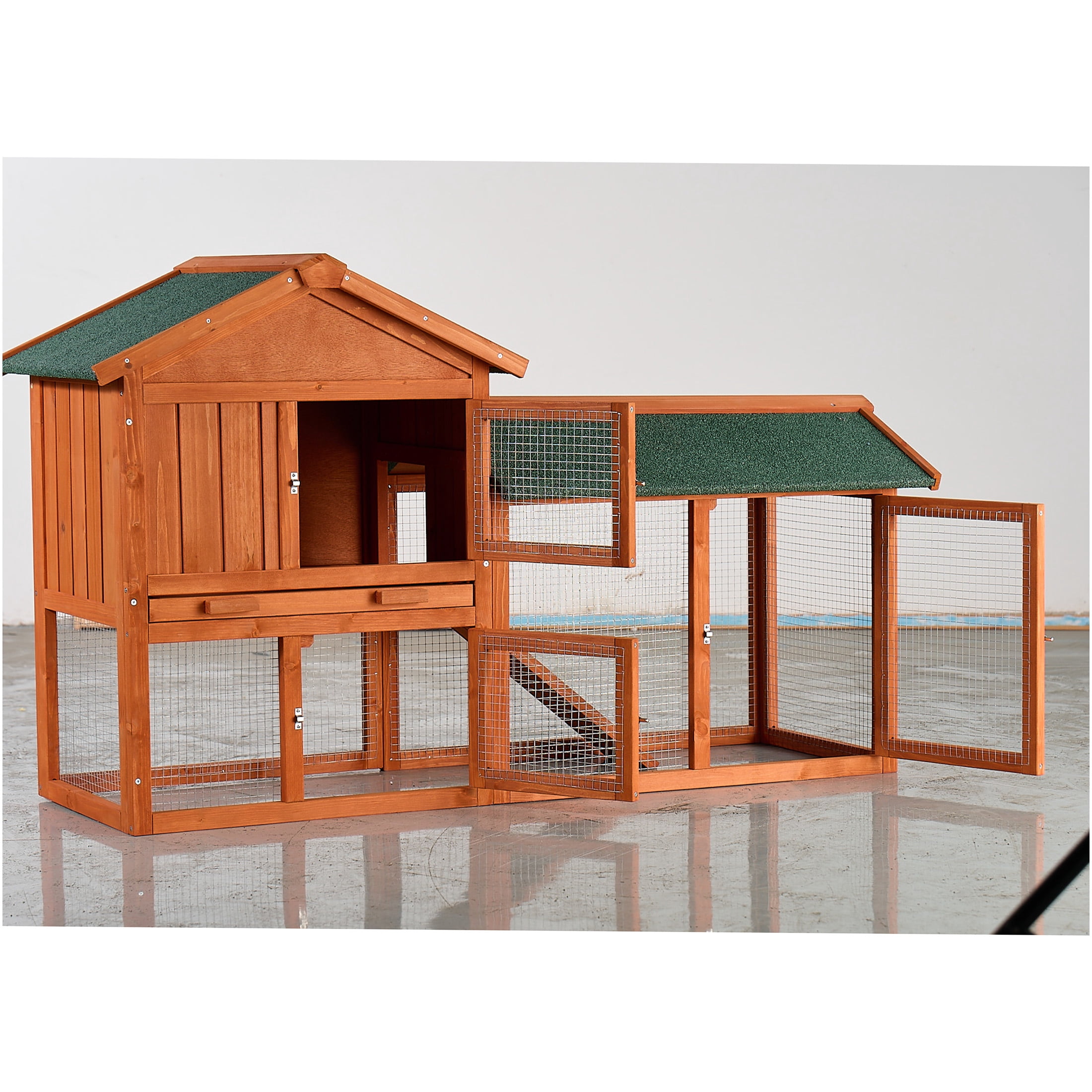 JERFIT Large Outdoor Rabbit Hutch with Waterproof Roof, 2-Story Wooden Bunny Cage with Pull-Out Tray, Ramp & Run for Rabbits, Guinea Pigs, Chickens
