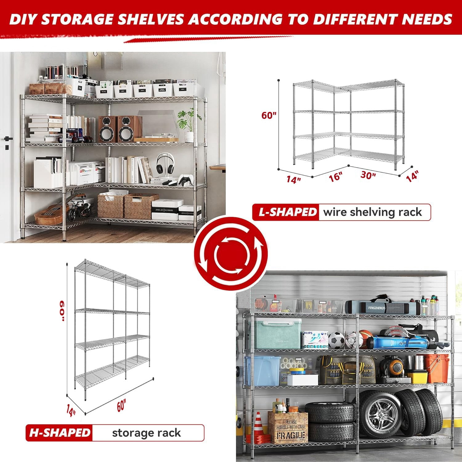 Sailvan 4-Tier Heavy Duty Metal Storage Rack,60"W x 14"D x 60"H Adjustable Wire Shelving Unit,1200 lbs Capacity Garage Pantry Shelves,Silver