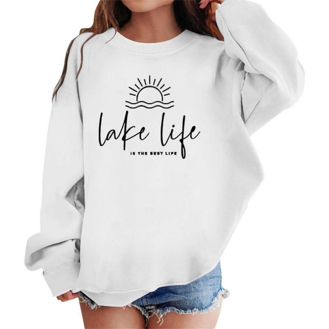 PMVFHDE Mode Fille Sweat à Capuche & Chandails en Molleton Mode Décontractée Col Rond Sans Tête Manches Longues Imprimé Haut Blanc, 9-10 Ans