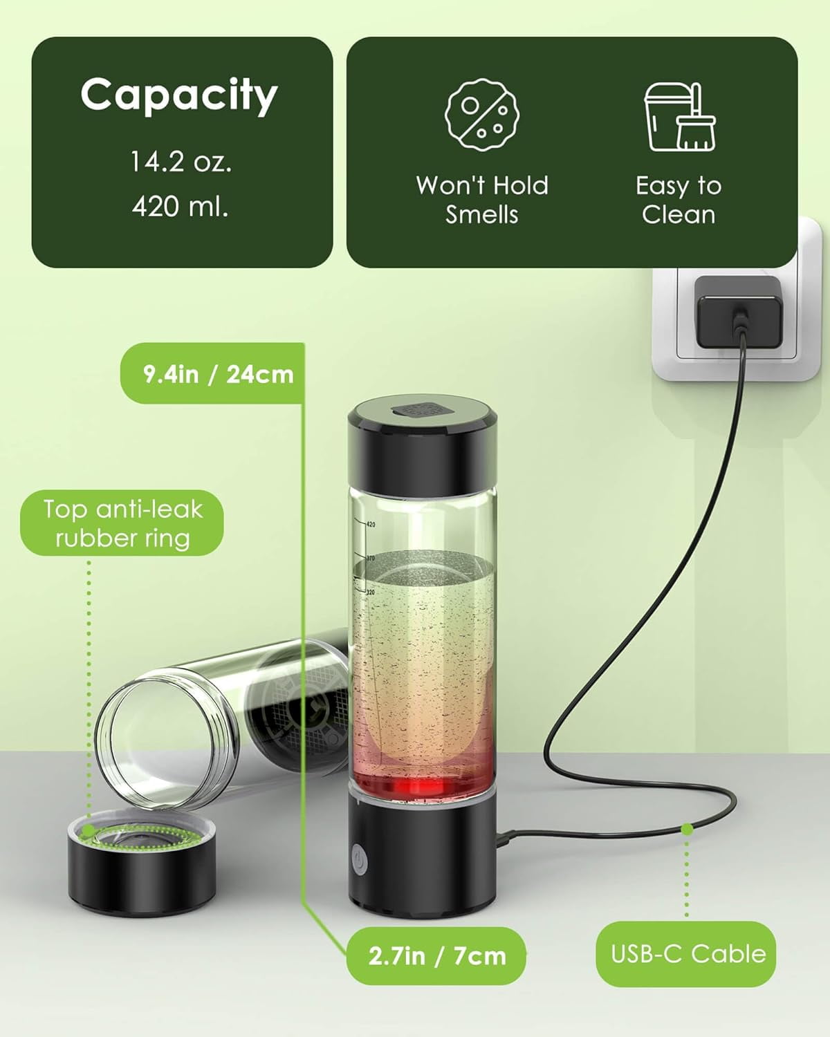Tikeitoo Hydroh Original Hydrogen Water Bottle 14oz, Portable Hydrogen Water Bottle, Advanced Hydrogen Rich Water Maker with SPE/PEM for Home Office Fitness Travel Drinking