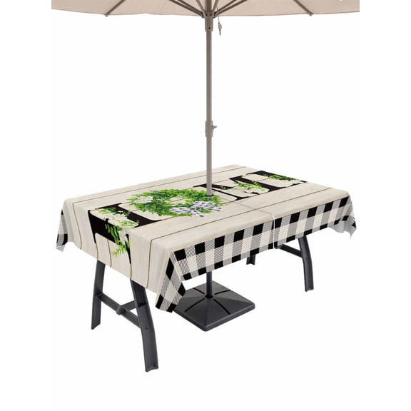 Outdoor Tablecloth with Umbrella Hole and Zipper, Rustic Home Rectangle Table Cloth 52x70 Inch Waterproof Tablecloth, Eucalyptus Leaves Floral Wooden Buffalo Plaid Picnic Table Cover for Patio
