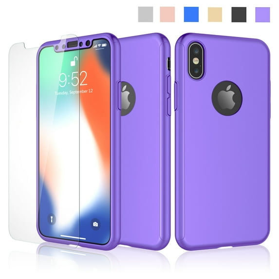 iPhone X Case, iPhone X Case Cover, Njjex 360 Degree Full Protective Slim Hrad Case with Tempered Glass Screen Protector For Apple iPhone X -Purple