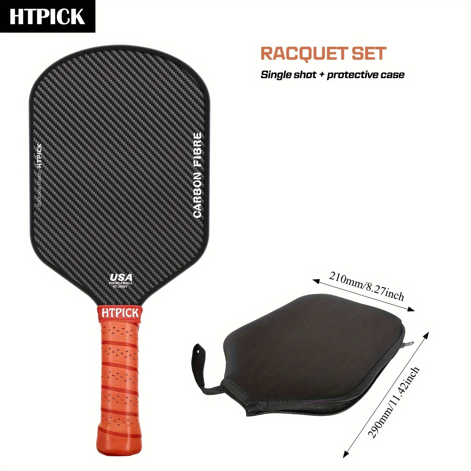 Pickleball Paddle, 3K Raw Carbon Fiber SurfaceHigh Grit & Spin, 16MM professional shooting, Ideal for Novice and Professional Players