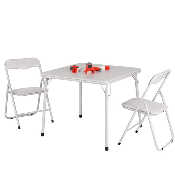 Metal Folding Card Table and Chair Set of 3, Leather Padded Folding Chairs with Comfortable Cushion and Durable Steel Frame, Modern Square Table for Dining Room, Small Spaces