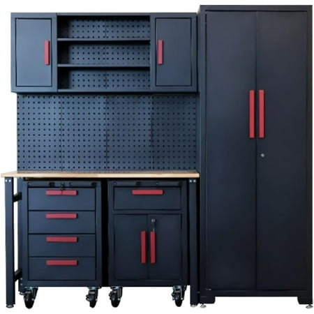 

HPDAVV 6-Pcs Workshop Cabinet Set in Black with Workbench - Perfect for Organizing Garage and Tools - Included Steel Cabinets Drawers Shelving Rolling Chest 81.5 L 18.5 D 76 H Assembled Cabinet Kit