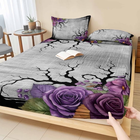 King Size Fitted Sheet Set - Halloween 3 Piece Bedding Sets 16" Deep Pocket Fitted Sheet with 2 Pillowcases, Vintage Rustic Floral Horror Trees Branches Gray Brushed Microfiber Hotel Bed Sheets