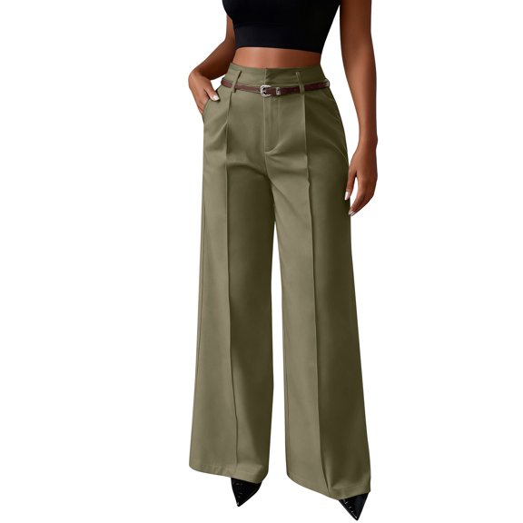 Women's High Waisted Wide-Leg Business Trousers - Straight-Leg Office Pants with Belt, Army Green Size L