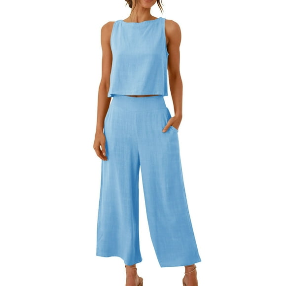 Linen Capris Set for Women Sleeveless Cropped Tank Tops and High Waisted Capris Suit, Summer Vacation Casual Outfits with Pockets Gym Outfits for Women Set Sky Blue 3XL