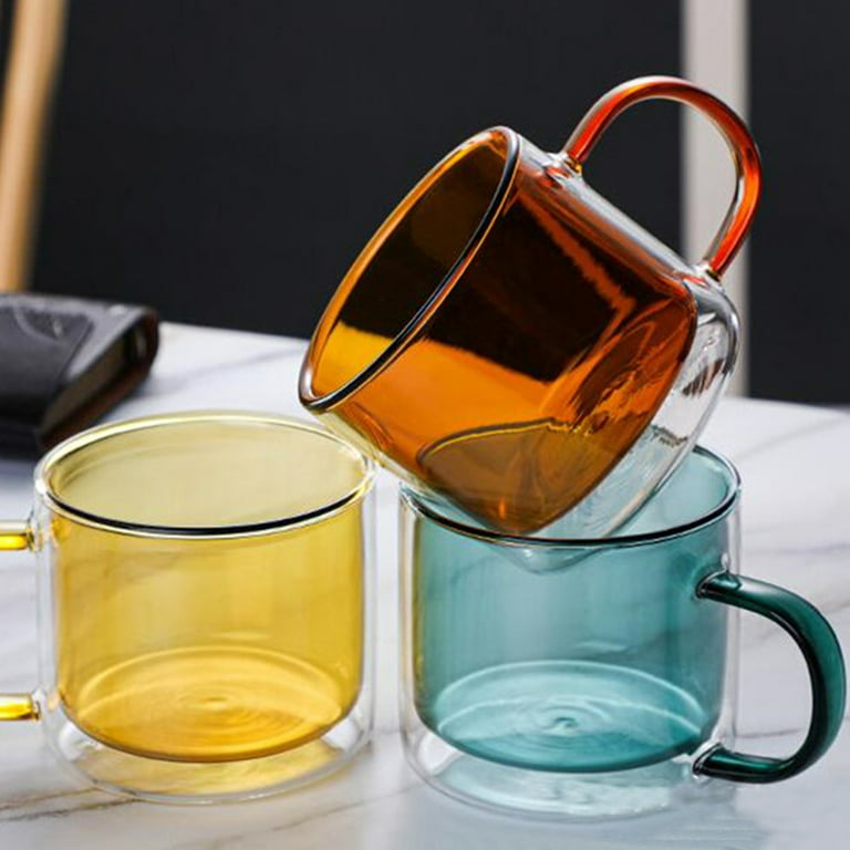 Double Glass Water Cup Colorful Transparent Mug Coffee Cup with Handle, Size: 250 mL, Blue