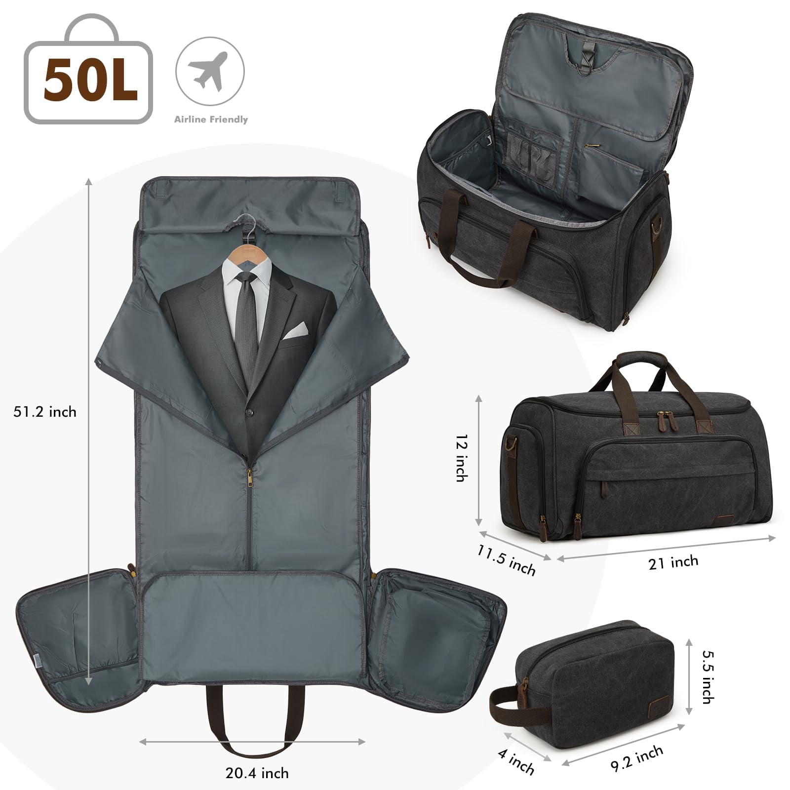 S-ZONE Carry On Garment Bag for Travel, 2 in 1 Convertible Garment Duffle Bag with Toiletry Bag, Hanging Suitcase for Men and Women, 50L