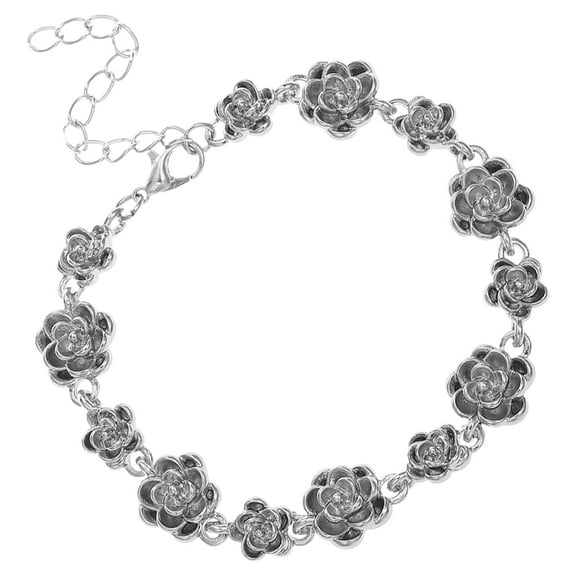 STOBOK Vintage Rose Bracelet for Women, 9 Inch Adjustable Flower Bracelet, Silver Wrist Chain Romantic Handcrafted Bangle Jewelry