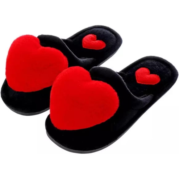 HUGFEGWE Women's Heart Love Slippers- Black Slide-On Fuzzy Slippers Women- Fluffy & Comfortable Indoor Slide Ladies Slippers Cozy indoor slippers CJB91-2379