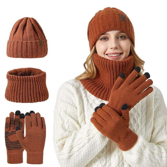 Gloves and Hat Sets for Women,Textured Knit Beanie Winter Machine Washable Accessories,Knit Beanie with Touchscreen Gloves and Neck Warmer 3 in 1 Winter Set,Cold Weather Lightweight Warmth