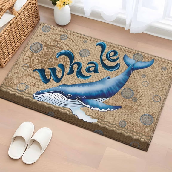 Vintage Whale Entryway Rug 2'x3' Non Slip Front Door Mats, Brown Nautical Anchor Bubbles Coastal Entrance Rugs Indoor Outdoor Carpet, Washable Floor Mats Small Area Rug for Bedroom Kitchen