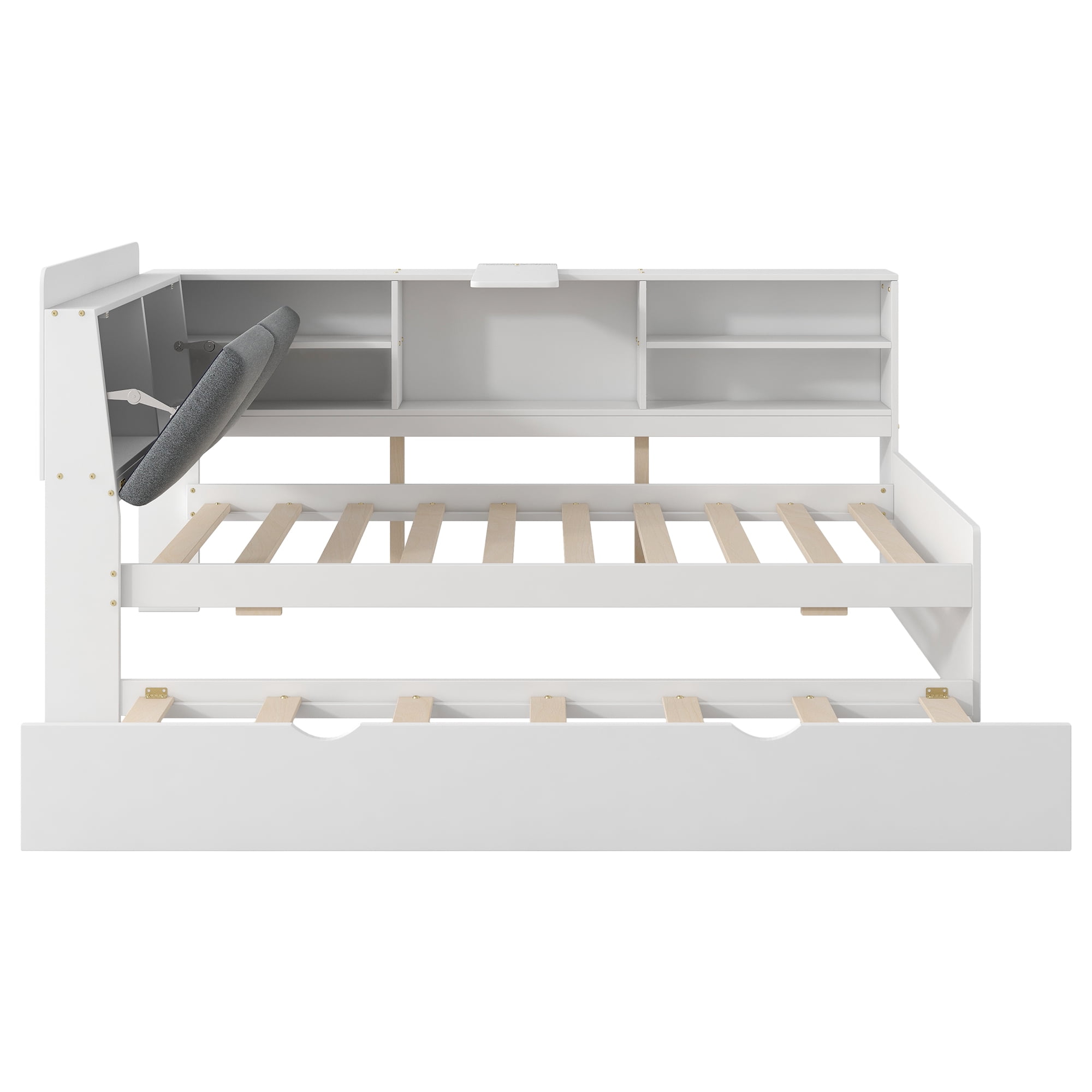 Euroco Wood Twin Size Daybed with Trundle, Low Profile Storage Bed with Shelves and Table, White