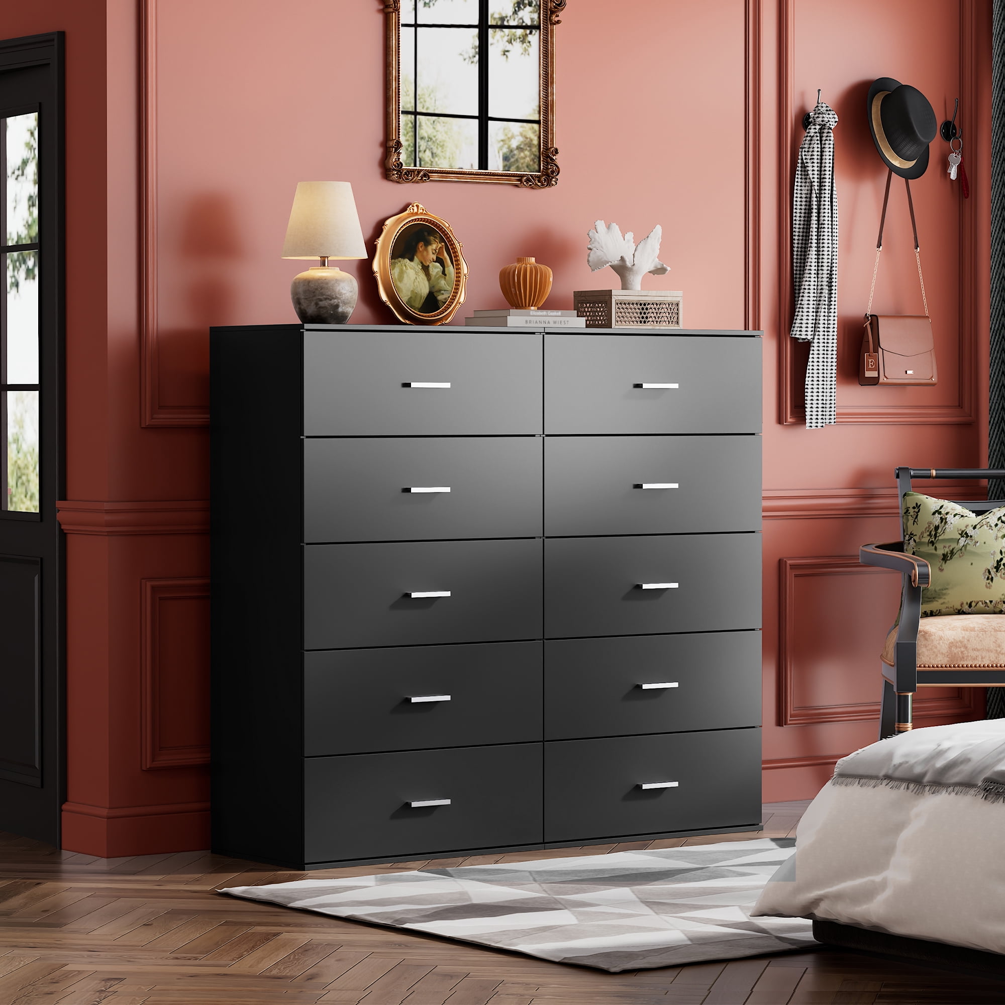 GALAXHERO 5 Drawers Dresser, Chest of Drawers for Bedroom, Tall Wood Storage Cabinet with Metal Handle for Living Room, Closet, Hallway, Black