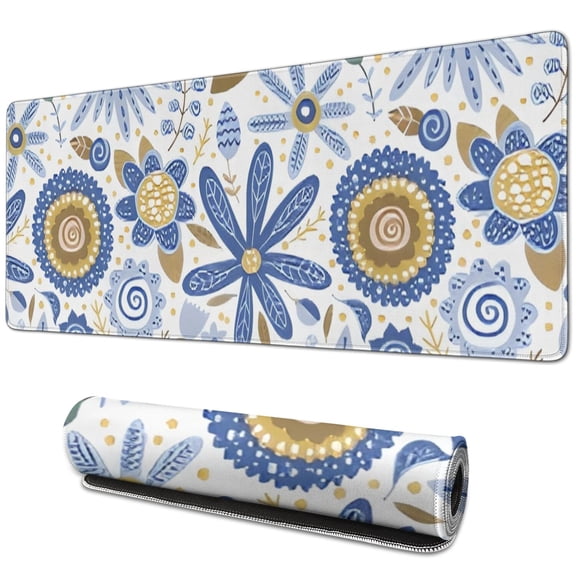 Long Mouse Pads for Desk,Blue and Yellow Pioneer Flower Desk Mats on Top Of Desks, Desk Mouse Pad Extra Large with 3mm Non-Slip Base and Stitched Edge for Gaming,Office,Work,Home 31.5"x11.8"