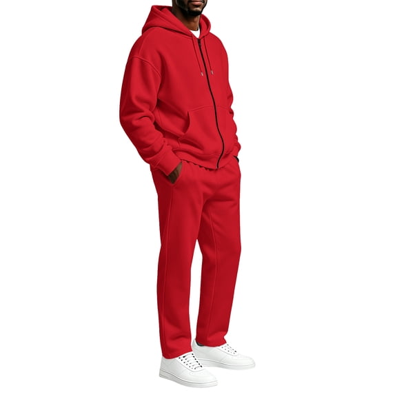 Domuza Full‑Zip Hooded Sweatshirt and Straight‑Leg Sweatpants Set for Men, 2‑Piece Pullover Sweatsuit, Relaxed‑Fit Athletic Casual Outfit with Pockets