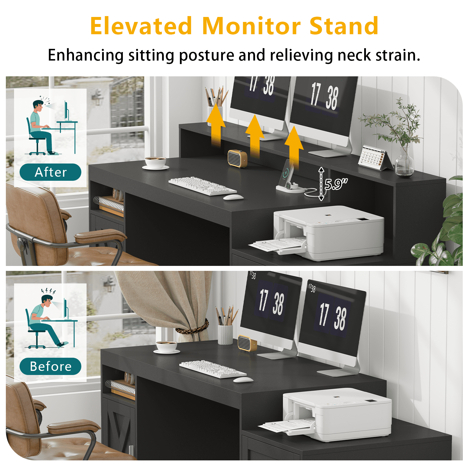 Farmhouse Computer Desk with Drawers, 65'' Home Office Desk with Power Outlets, Storage Cabinet and Printer Stand, Study Writing Desks with Long Monitor Stand, Black